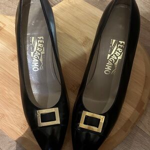 Salvatore Ferragamo Black Flats with Gold Buckle